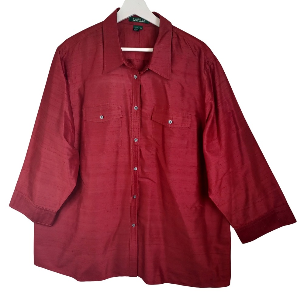 Lauren Ralph Lauren Red 100% Raw Silk Button Down Shirt Plus Size 22W 3/4 Sleeve